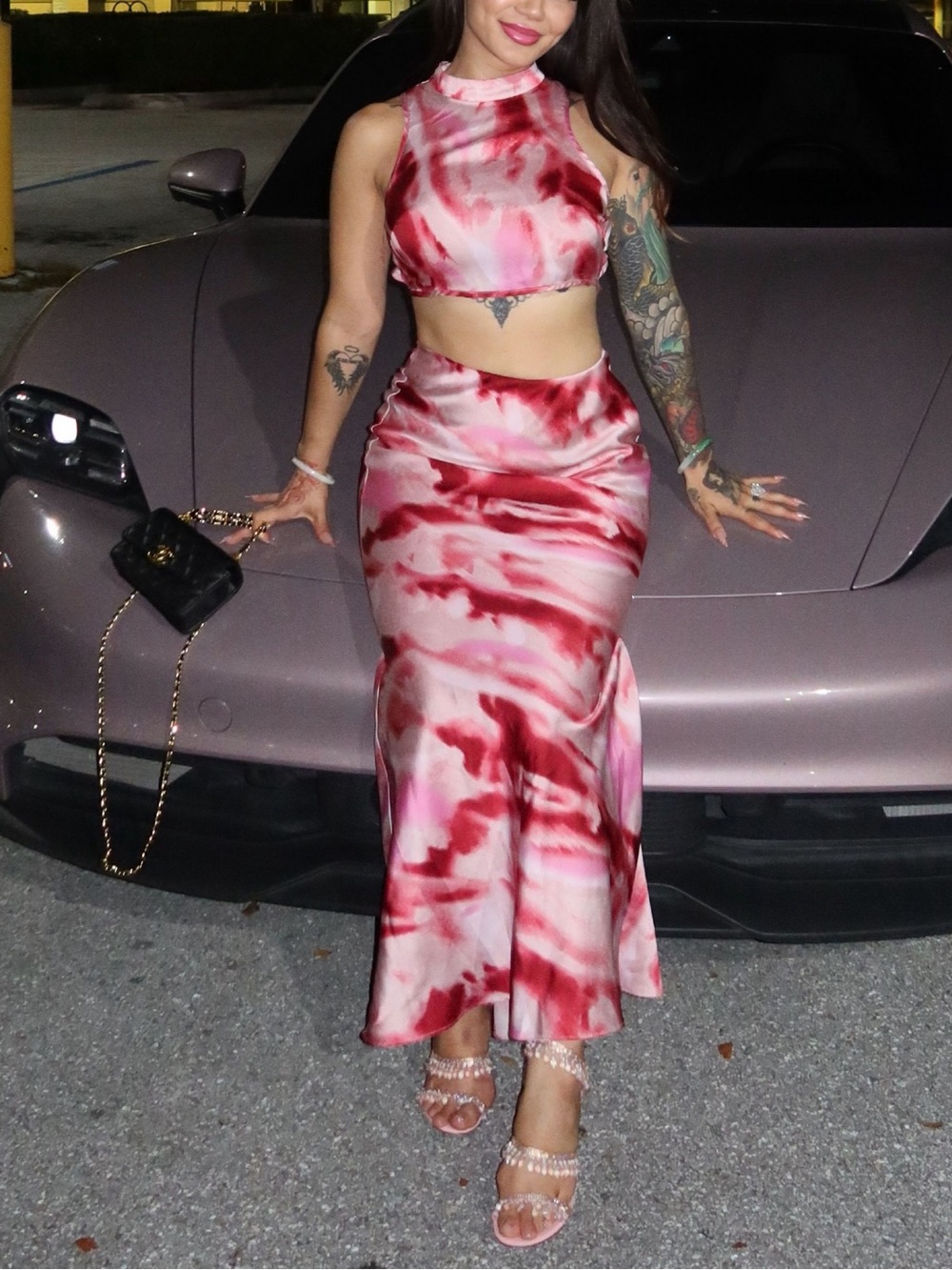 Red & Pink Tie-Dye Mermaid Satin Maxi Skirt Set Size XS